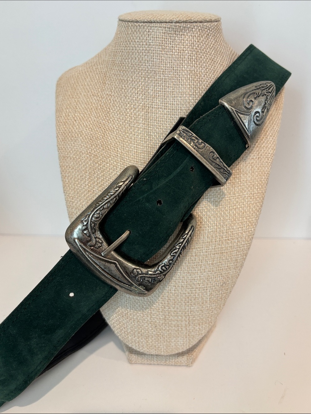 Vintage Forest Green Suede Western Belt Ornate Engraved Silver Buckle 31” / S